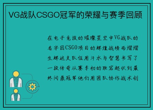 VG战队CSGO冠军的荣耀与赛季回顾